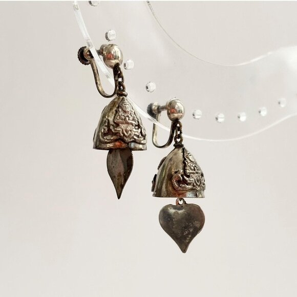 Vintage Jewelry - Siam Sterling Silver  Vintage Screw Back Bells Hearts Charm Earrings